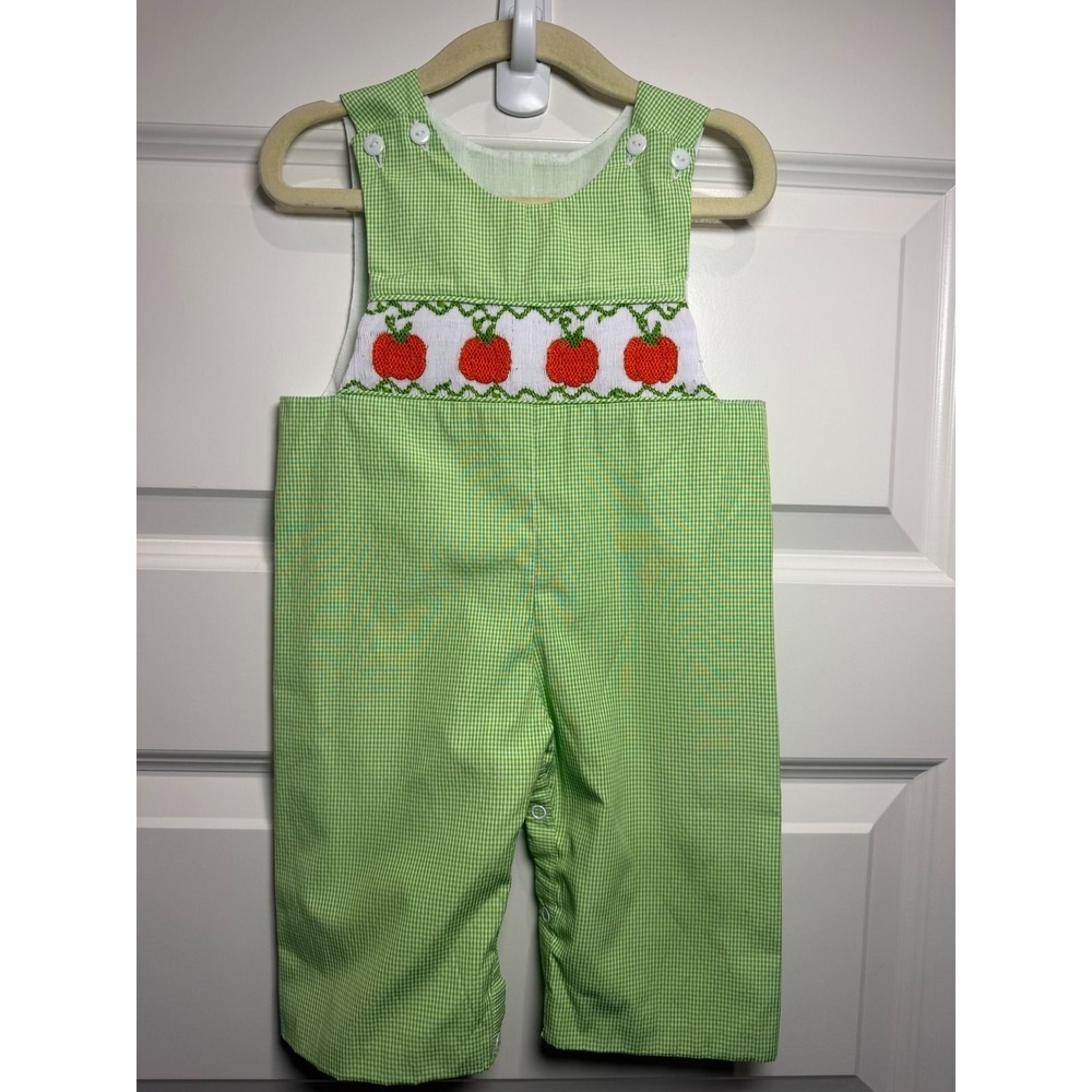 Smocked or Not Green Gingham Pumpkin Smocked Longall Jon Jon 9M